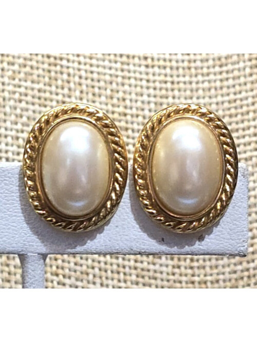 Vintage Monet Faux Pearl Stud Earrings Gold Tone Rope Edge